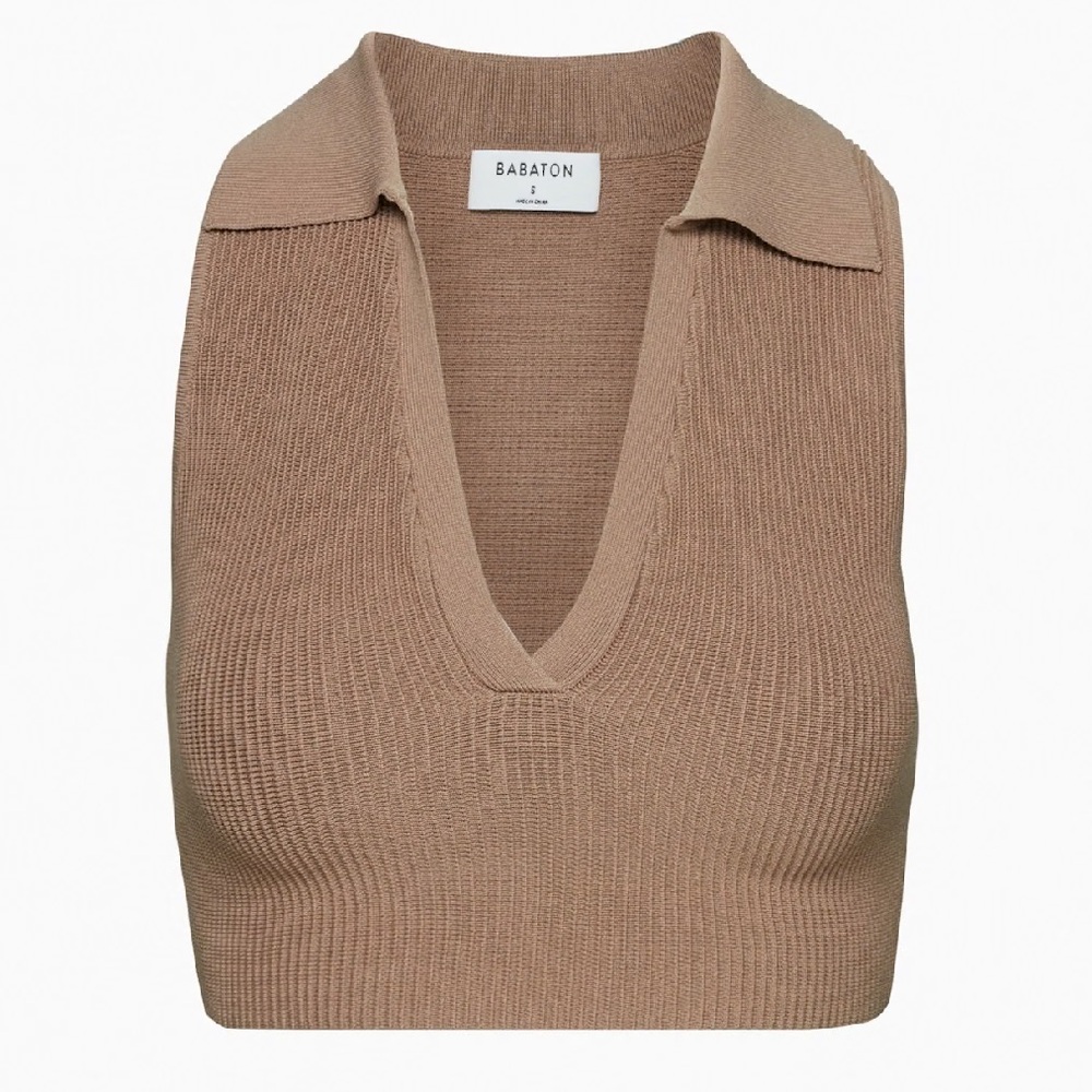 NWT Aritzia Babaton Sculpt Knit Polo Top in Toasty